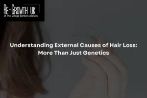 A picture of clumps of hair falling out with the Re~Growth UK logo in the back corner long with lost post title written in the middle: Understanding External Causes of Hair Loss More Than Just Genetics